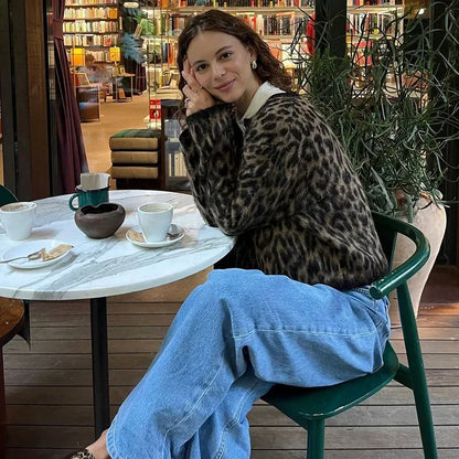 maoxiangshop  -  Fashion Lepard Knitted Sweater Cardigan For Women Loose Casual Long Sleeve Retro Single Breatted Sweater Autumn Outwear