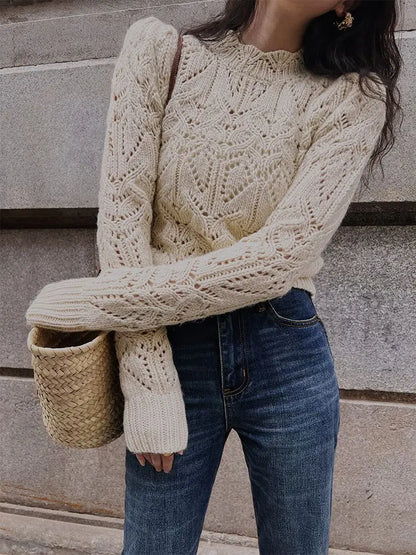 maoxiangshop Pullovers Women Classic Hollow Out Spring Gentle Cozy Casual Office Lady Popular Temperament French Style Knitwear Vintage Daily