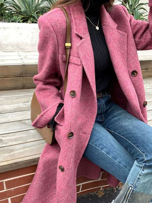 maoxiangshop  -  2024 Autumn Winter Fashion Woolen Coat Women's Clothing Solid Color Lapel Double Breasted Loose Long Overcoat Lady Jacket
