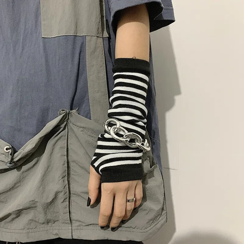 maoxiangshop Punk Long Sleeves Fingerless Gloves Cuff for Women Men Stripe Hip-Hop Knitted Elbow Mittens Elastic Winter Arm Warmer Outdoor