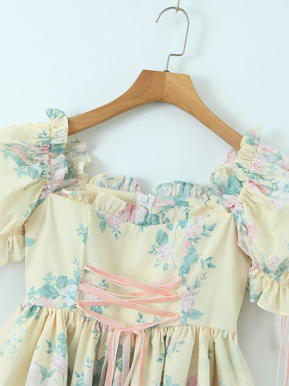 maoxiangshop Women Summer Fashion Sweet Floral Print Mini Dress Vintage Square Collar Chic Wood Ear Princess Dresses