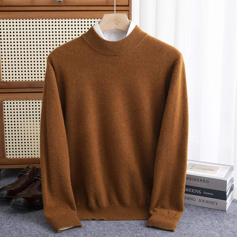 maoxiangshop New Fashion Men's 100% Wool Pullover Half-high Collar Sweater Autumn Winter Warm Solid Color Knit Sweater Business Casual Top