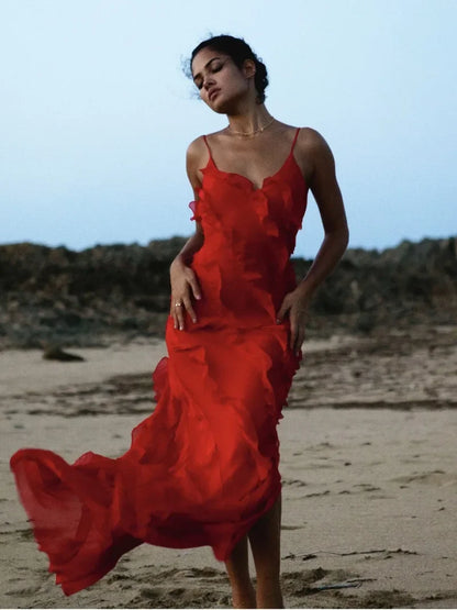 Elegant Red Chiffon Slip Dresses for Women Sexy Spaghetti Strap Backless Lace-up Ruffles Long Maxi Evening Party Prom Dress