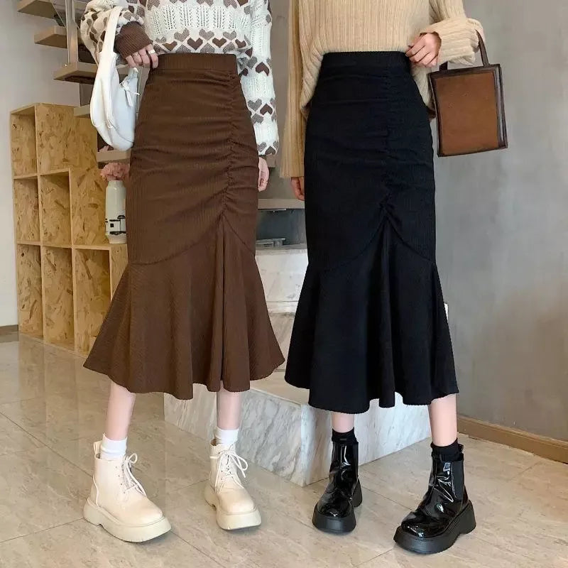 maoxiangshop Fashion High Waist Midi Skirts for Women Spring Slim Fit  Hip Mermaid Skirt Woman Korean Ruffles Brown Skirts 2XL