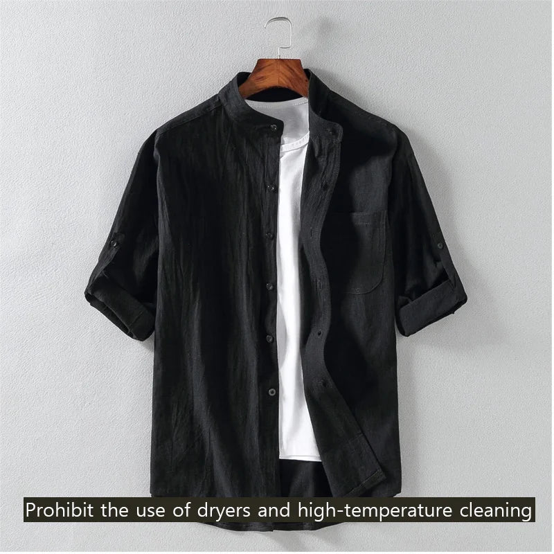 maoxiangshop Spring and Summer Stand Collar Five-point Mid-sleeve Fashionable Men's Short-sleeved Shirt Seven-point Sleeve Large Size Men's