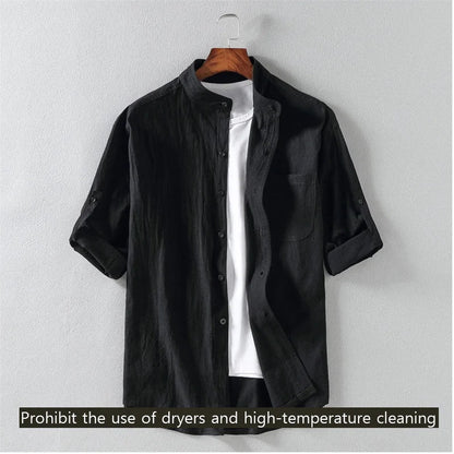 maoxiangshop Spring and Summer Stand Collar Five-point Mid-sleeve Fashionable Men's Short-sleeved Shirt Seven-point Sleeve Large Size Men's