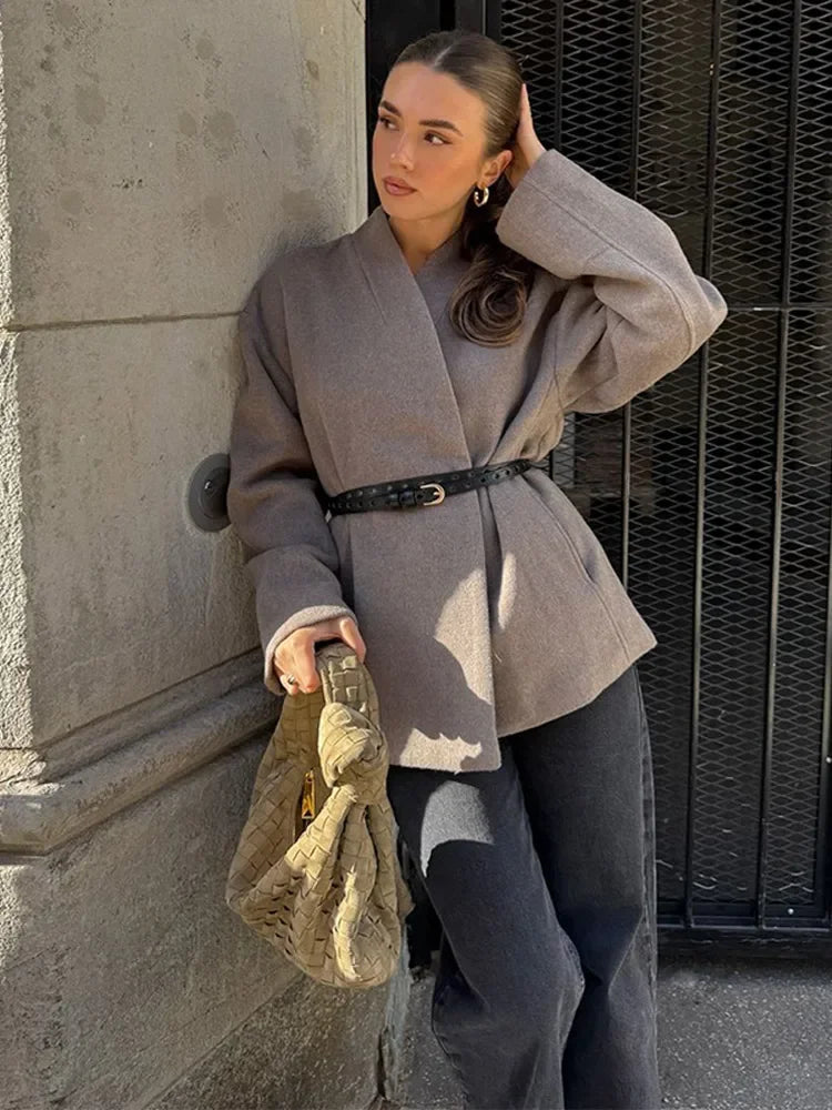 maoxiangshop  -  Winter Fashion Grey Khaki V Neck Full Sleeves Women Coat Elegant Solid Color Casual Loose Jacket Woman Autumn Commuter Outerwear