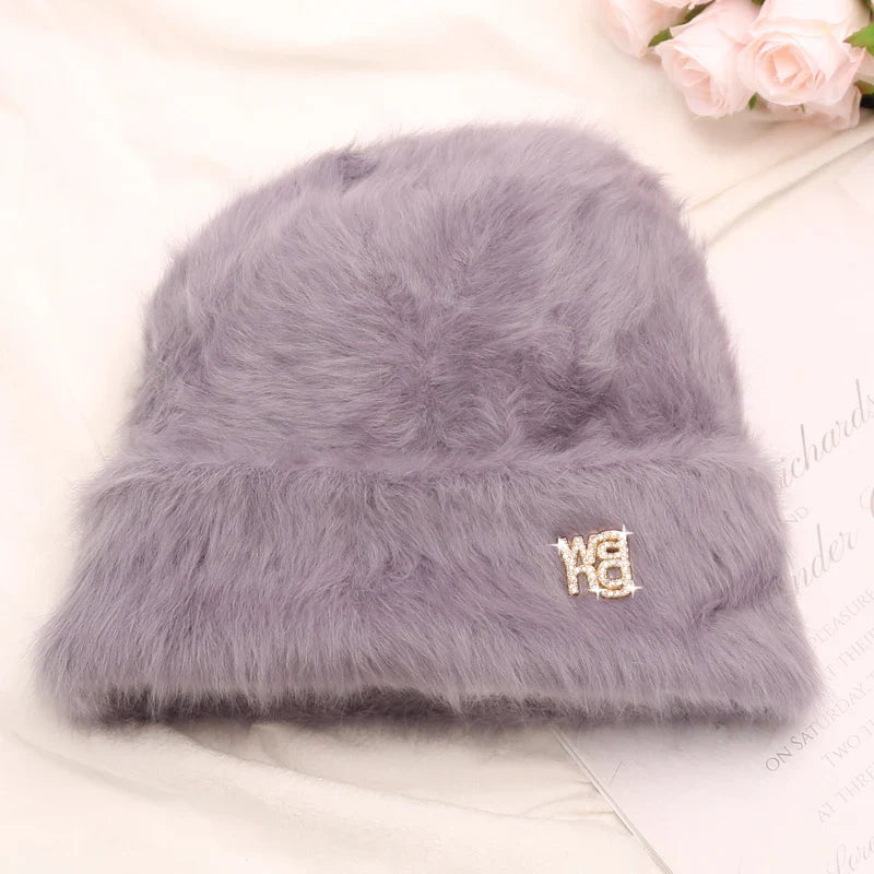 maoxiangshop New Fashion Rabbit Fur Y2k Beanies for Women Soft Warm Fluffy Angola Winter Hat Female Windproof Bonnet Hat Skullies Cap