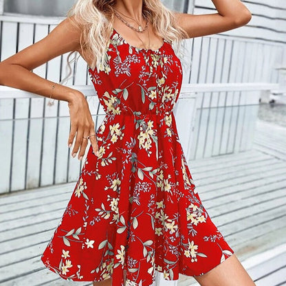 maoxiangshop Sexy Floral Print Short Dress Women Summer Fashion Black Backless Beach Sundress Casual Sleeveless Lace-up New In Dresses