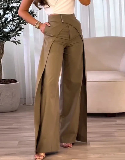 maoxiangshop New Fashion Women's Pants Elegant High Waist Overlap Asymmetrical Wide Leg Pants Female Trouser Casual Bottom