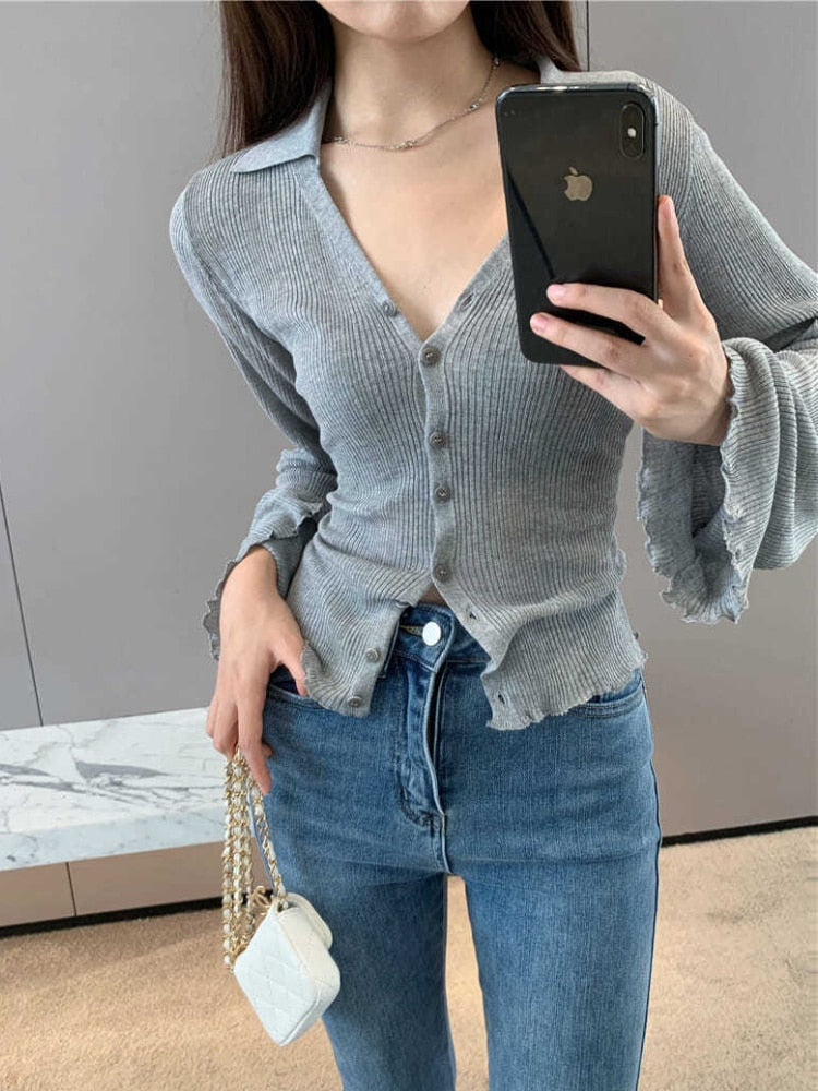 maoxiangshop Knitting T-shirt Women Slim Sexy Long Sleeve Daily V-neck Casual Korean Style Pure Retro Minimalist Hot Girls Spring See-through