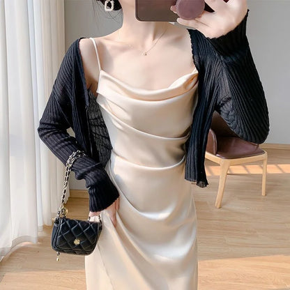 2024 Spring And Summer New Fashion Style Satin Halter Dress Waist Slit Wrap Hip Skirt Sun Cardigan Skirt Women's Two-piece Set