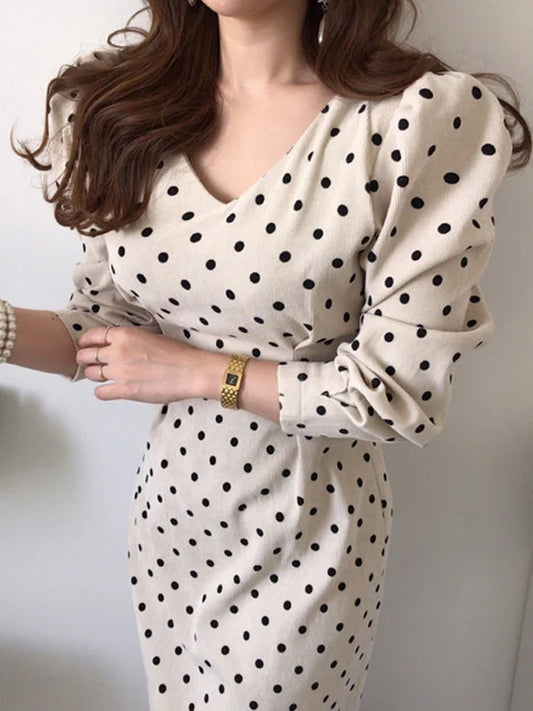 maoxiangshop Corduroy Women Autumn Mid-calf Dress Print Dot Tunic Bow Slim Pencil Dress Casual V Neck High Waist Elegant Party Vestidos