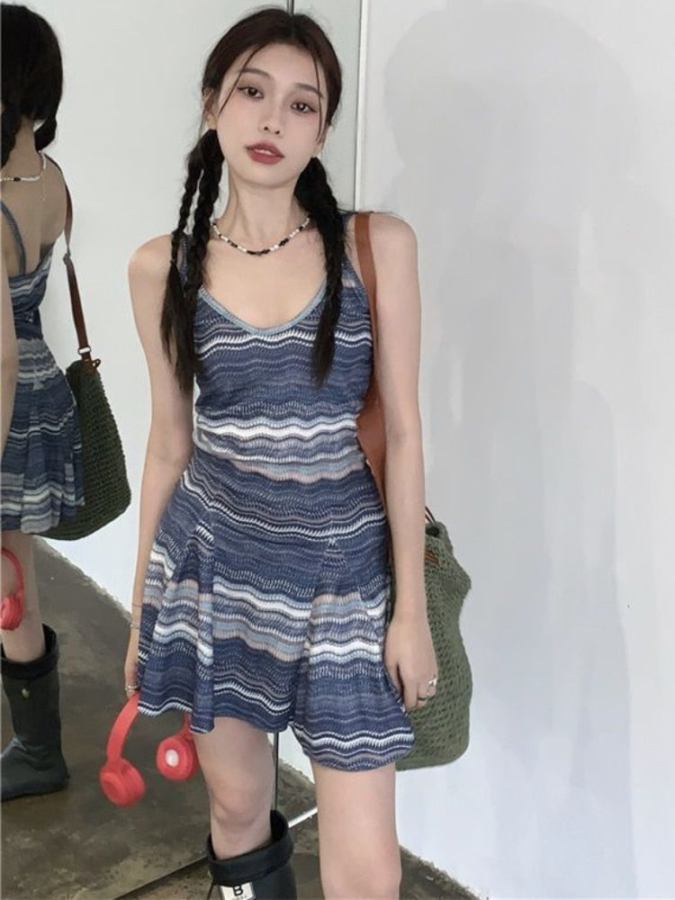 Vintage Striped Dresses Women Summer Y2k Chic Mini Casual Hotsweet Girls Punk Kpop Streetwear Spaghetti Strap Vestido Sexy Mujer