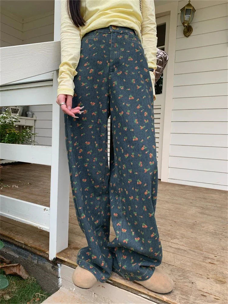 Women's Retro Floral Pattern High Waisted Wide Leg Jeans Summer Cool Girl Bottoms Thin Pants Female Printed Baggy Denim Trousers