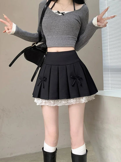 maoxiangshop  -  2024 New Women's Spring/Summer Cute Spliced Lace Edge Mini Skirt Sexy Bow Design Casual Y2K All match A-line Black Pleated Skirt
