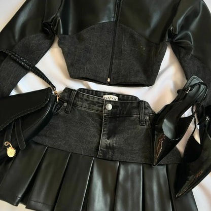 maoxiangshop  -  Y2K Harajuku Gothic Leather Jacket Casual Skirts Gothic Fashion Leather Patchwork Two Piece Clothing gothic Women Hot Sweetheart