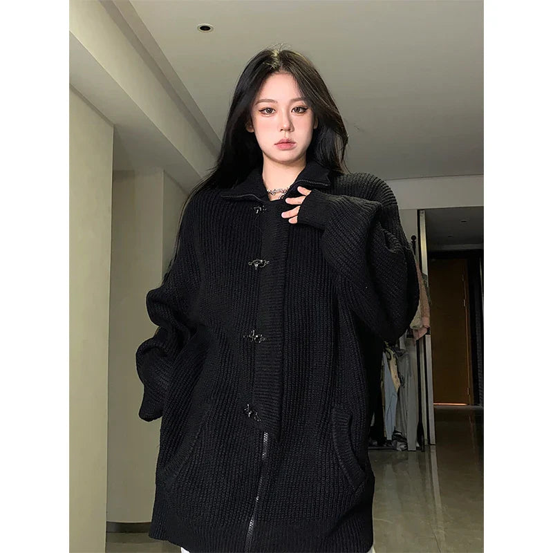 Y2K Knitted Cardigan Women Streetwear Black Oversized Sweater Coat Harajuku Gothic Buttons Zipper Knitwear Casual Jumpers