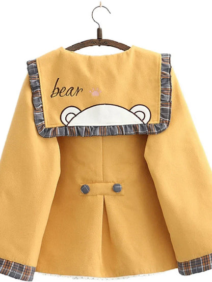 Women Jackets Cartoon Bear Embroidery Single Breasted Coat Autumn Winter Flare Sleeve Sailor Collar Sweet Style Outwears