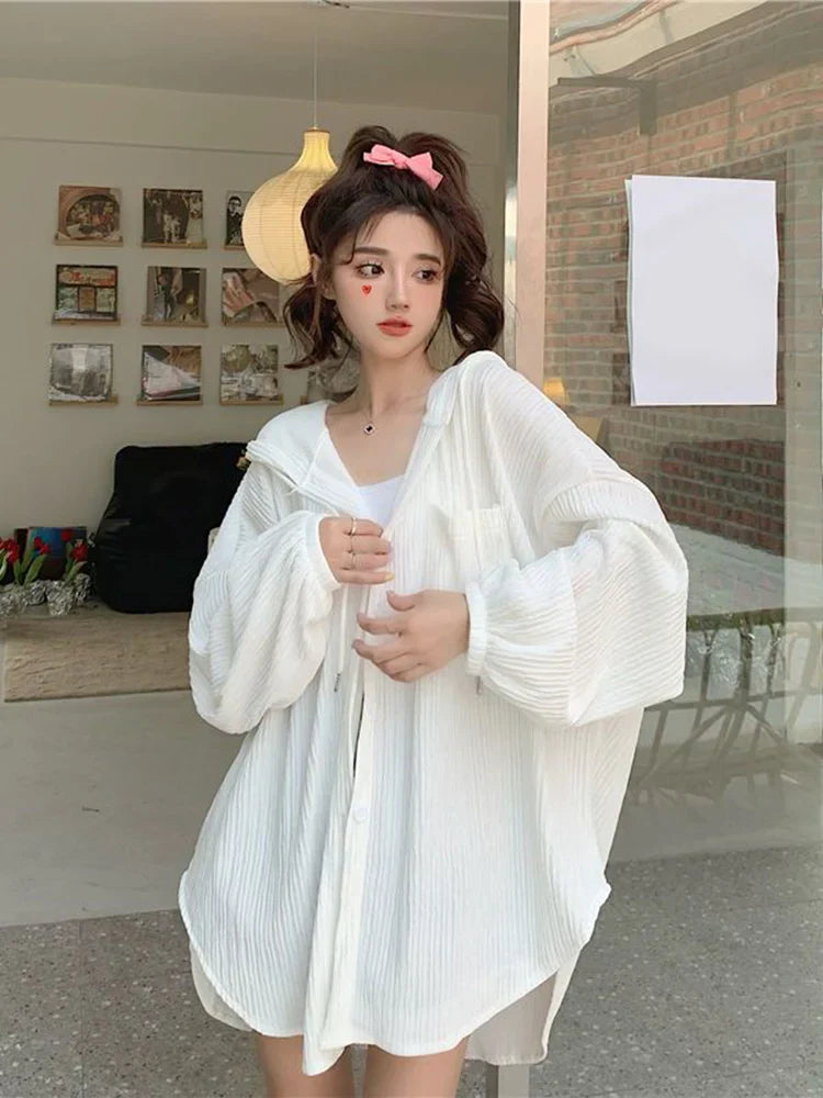 Lazy Wind Oversize Sun-Proof Shirt Women Casual Korean Hoodies Tops Long Sleeve Loose Preppy Style Summer Blouse Coats New