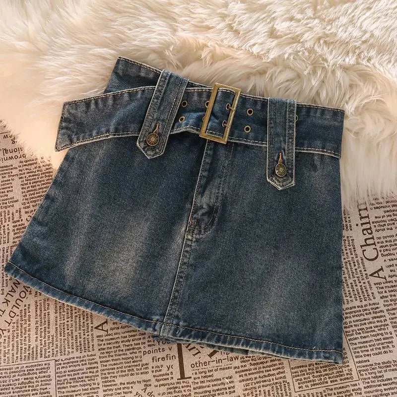 Vintage Denim Mini Skirts Women Summer Sexy Solid Belt Jeans Skirts Female Casual Ball Gown Korean Slim A Line Skirts