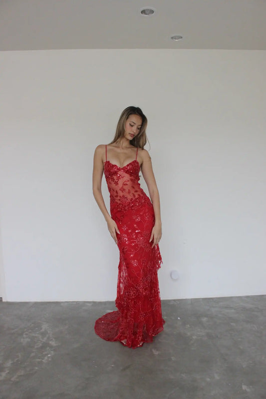 Sexy Red New Floral Sequin Photography Photo Shoot Dress Props Lace up Back Illusion Prom Party Dresses Plus SIze