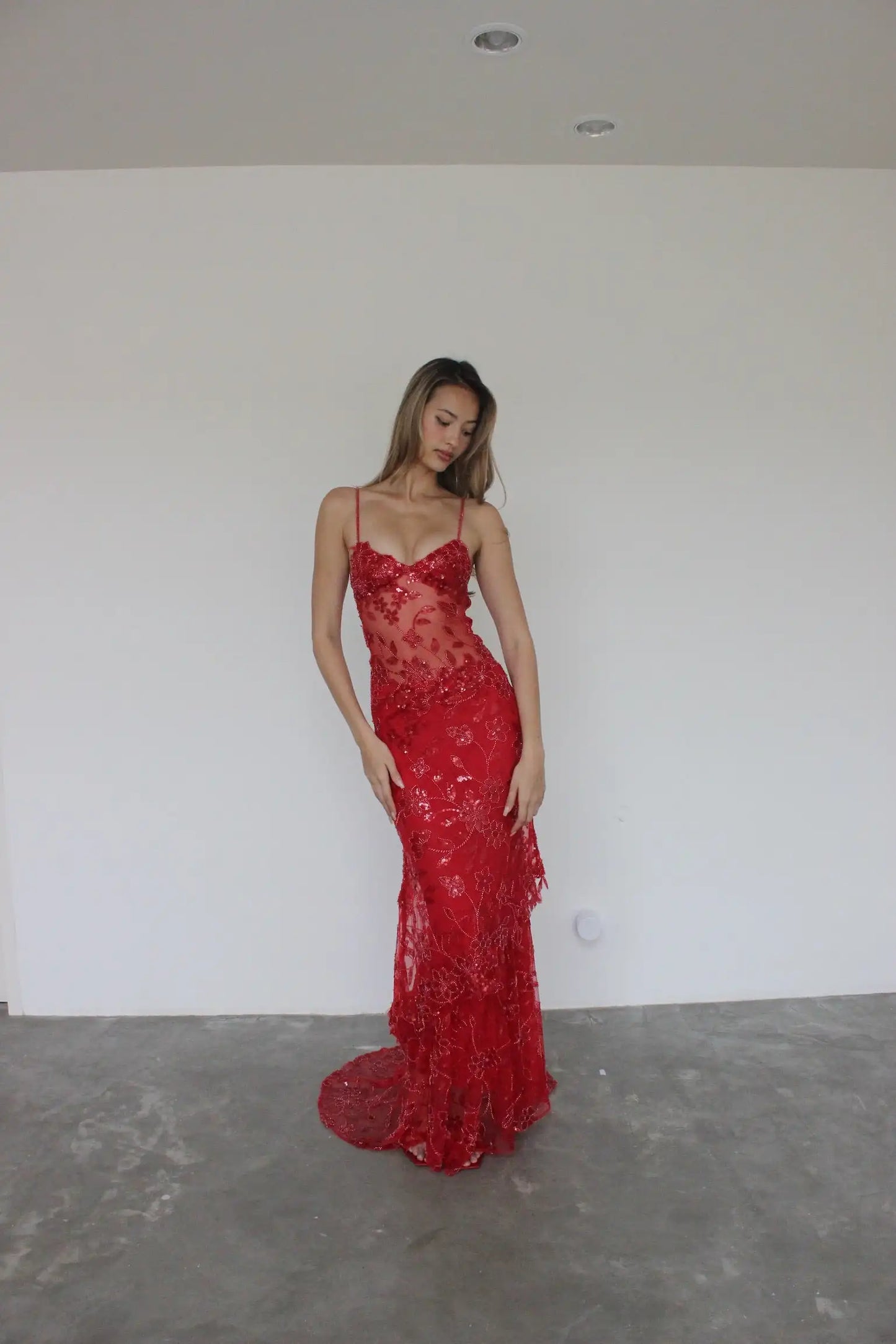 Sexy Red New Floral Sequin Photography Photo Shoot Dress Props Lace up Back Illusion Prom Party Dresses Plus SIze