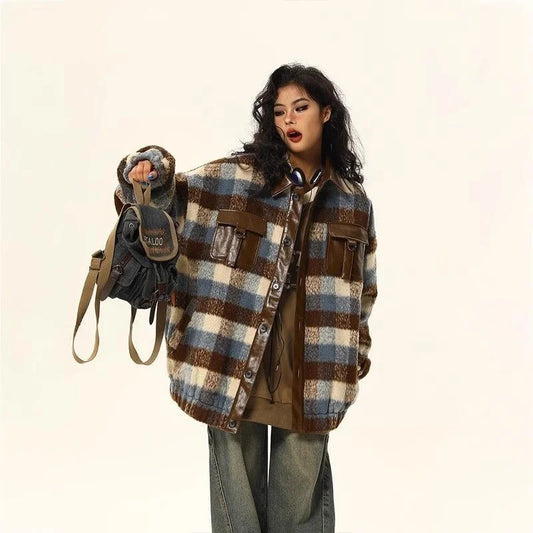 maoxiangshop  -  2024 American Retro Casual Woolen Patchwork Leather Jacket For Women In Autumn Winter Maillard Atmosphere Woolen Plaid Jacket