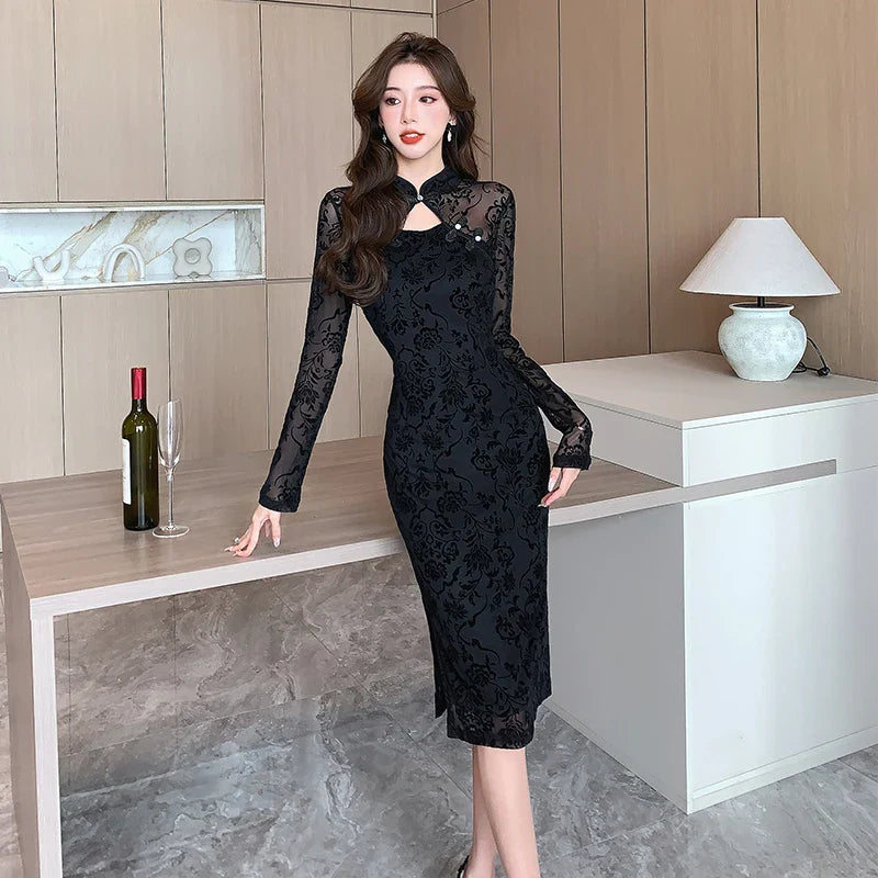 maoxiangshop Vintage Sexy Black Lace Long Sleeve Midi Dresses Women Spring Autumn Korean Elegant Fashions Evening Party Female Clothing