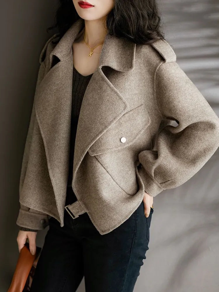 maoxiangshop Women's Coat Woolen Blends Long Sleeve Autumn Short Coats Office Lady Turn-down Collar Thick Loose Winter Jackets for Women