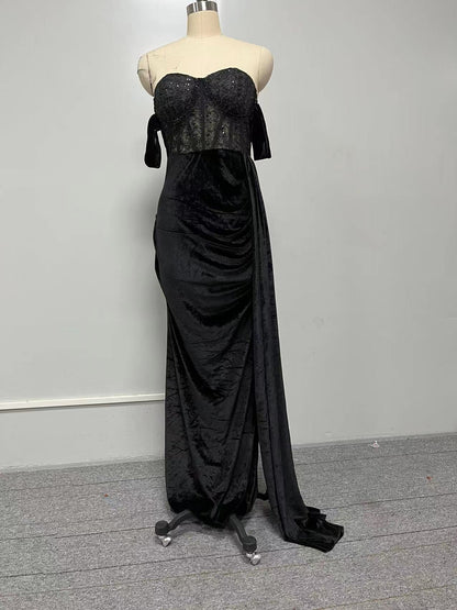 maoxiangshop Sexy Backless Evening Party Dress for Women Black Lace Chest Wrapping Off the Shoulder Split Mermaid Prom Gown Maxi Dresses