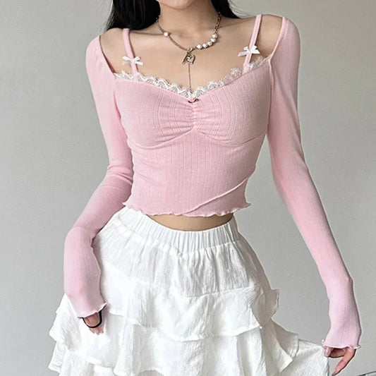 maoxiangshop-Sweet Lace Stitching V-neck Skinny Top Pink Coquette Aesthetic Slim-fit Long Sleeve Knitted T-shirts Cute Casual Tees
