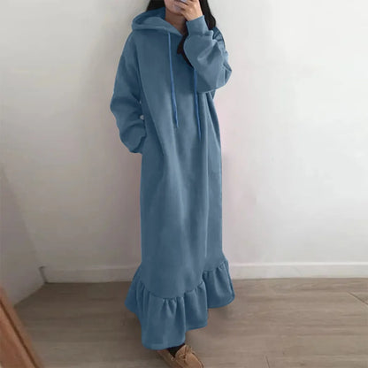 maoxiangshop New Fashion Hooded Sweatshirts Dress Women Casual Solid Long Sleeve Maxi Dresses Winter Clothes Vestidos Warm Robe Femme