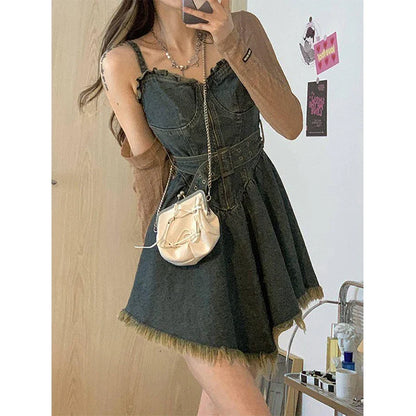 Y2K Belt Denim Mini Dress Women Vintage Irregular Tassel Spaghetti Strap Jeans Dresses Streetwear A Line Tunic Vestidos