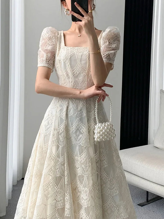 maoxiangshop Vintage Fairycore Lace Long Dress Women Princess Sleeve Square Collar Dresses Elegant Beige Solid Evening Party Prom Vestidos