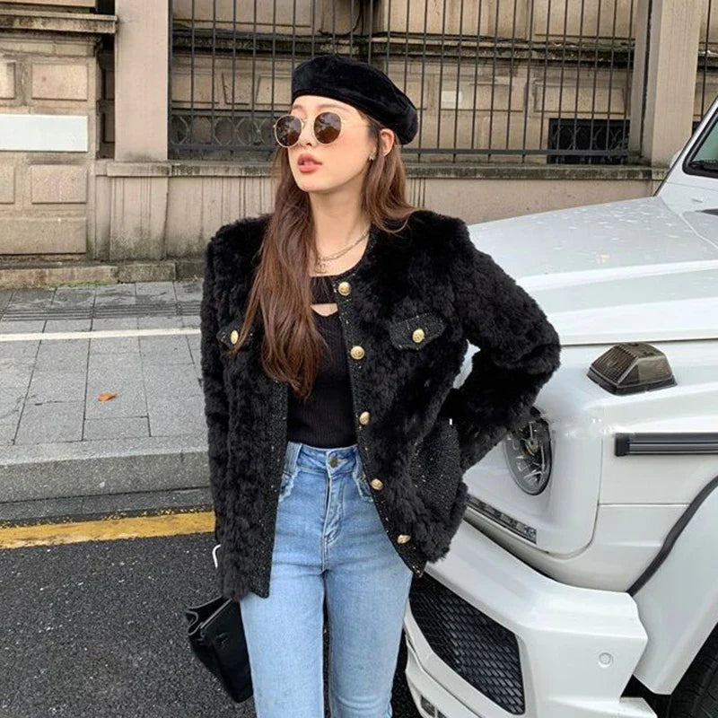 maoxiangshop Autumn Winter Women's Lamb Wool Jacket Korean Style Streetwear O-Neck Faux Fur Coat Woman Warm Thick Furry Fluffy Coat