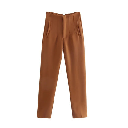 maoxiangshopWomen Light Blue Chic Fashion Office Wear Straight Pants Vintage High Waist Zipper Fly Female Trousers Fashion