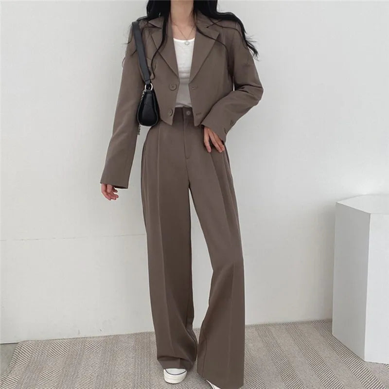 maoxiangshop Two Piece Sets Women Outifits Fall Office Lady Pants Korean Blazer Suits Long Sleeve Fashion Coat Black High Waisted Pants