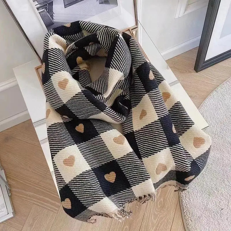 maoxiangshop Luxury Brand Women Knitted Heart-pattern Plaid Scarf Lovey Girl Winter Warm Scarves College Leisure Shawl Wraps