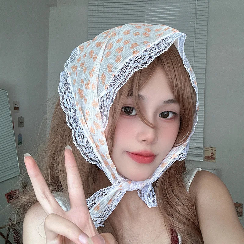 maoxiangshop Korean Lace Floral Hair Scarf Women Retro Triangle Hair Band Strap Hair Bag Headscarf Photo Headband Turban Accessorie