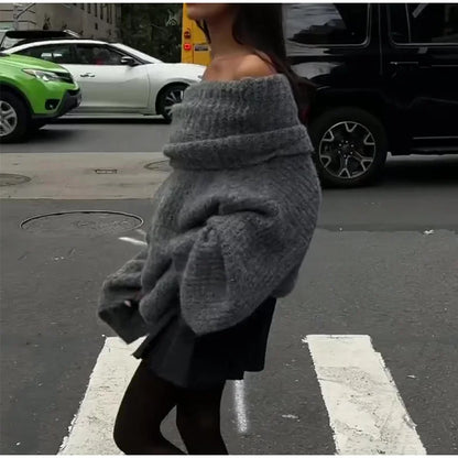 maoxiangshop -  Rib Knit Off Shoulder Pullover For Women Fashion Long Sleeved White Warm Knitwear Sweater Autumn Chic Female Street Jumper