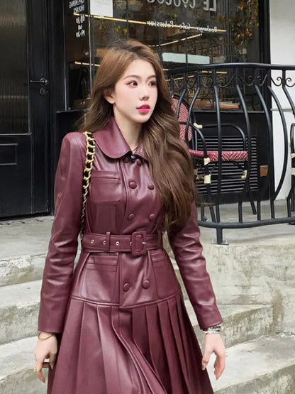 maoxiangshop  -  Autumn New Retro Red French High end Hepburn Style Polo Neck Leather Dress for Women Waist Slimming A-line Pleated Mini Dress