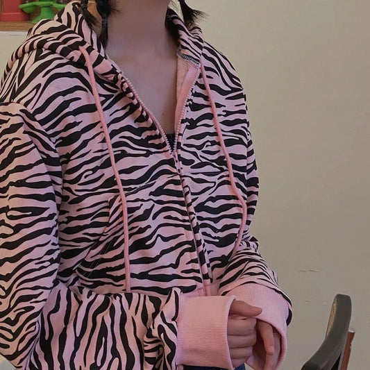 maoxiangshop Women Crop Top Lady Clothing 2023 Oversized Casual Hoodie Korean Style Vintage Zebra Print Sweatshirt Puff Sleeve Zip Up Hoodie