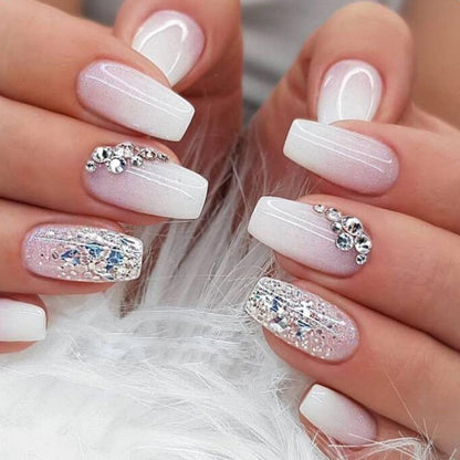 24Pcs Glitter Pink Gradient False Nails Wearable French Fake Nail with Rhinestone Designs Short Ballet Press on Nails Manicure