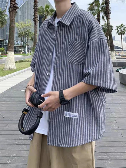 maoxiangshop New Men's Short Sleeve Casual Shirt British Style Casual Striped Plaid Appliques Shirts Comfortable Button Male Business Shirts