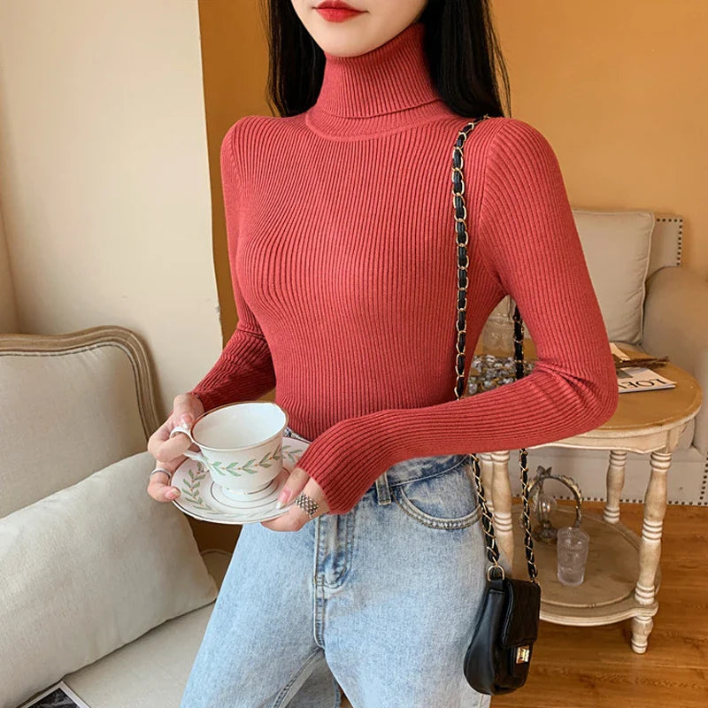 maoxiangshop 2024 Autumn Winter Women Long Sleeve Knitted Foldover Turtleneck Ribbed Pull Sweater Soft Warm Femme Jumper Pullover Clothes