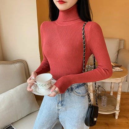 maoxiangshop 2024 Autumn Winter Women Long Sleeve Knitted Foldover Turtleneck Ribbed Pull Sweater Soft Warm Femme Jumper Pullover Clothes