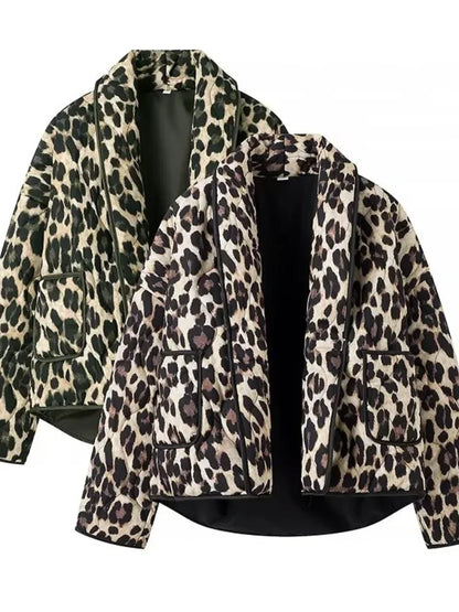 maoxiangshop  -  Women Casual Leopard Printed Cotton Jacket Fashion Lapel Long Sleeved With Pockets Cardigan 2024 Autumn Winter Lady Chic Coats