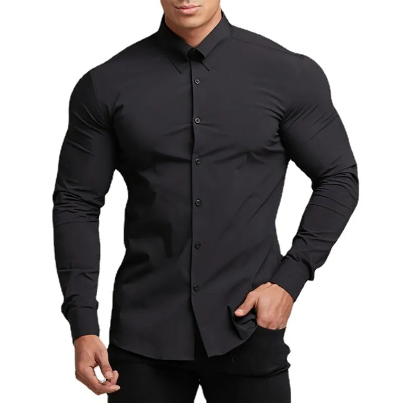 maoxiangshop New Fashion Casual long Sleeve Solid Shirt Mens Super Slim Fit Male Social Business Dress Shirt Men Gym Fitness Sports Clothing