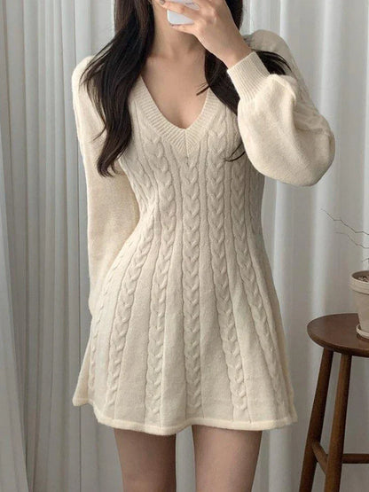 Knitted Mini Dresses Women Autumn Winter Lantern Sleeve V Neck Sweater Dress Female Korean Fashion Preppy Style Casual Dresses